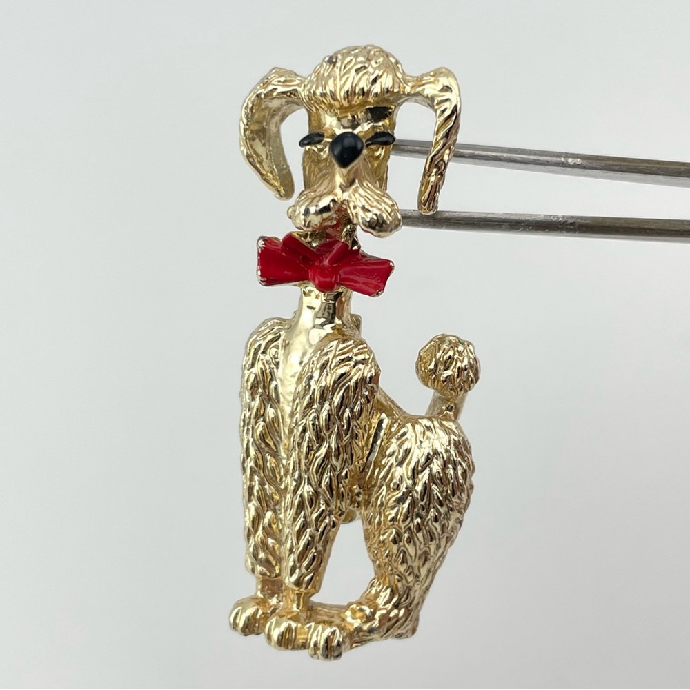 Cute Vintage Gold Poodle Brooch with Red Bow Tie – Dog Lover